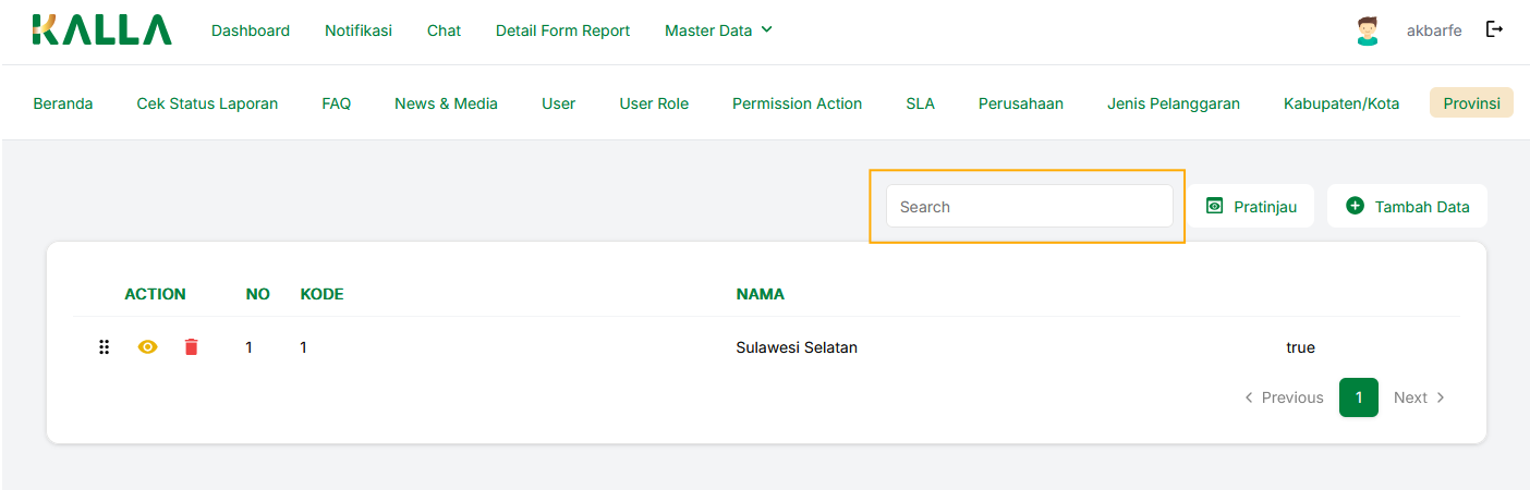 Field pencarian menu Provinsi