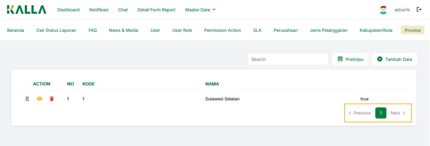 Paging data Provinsi